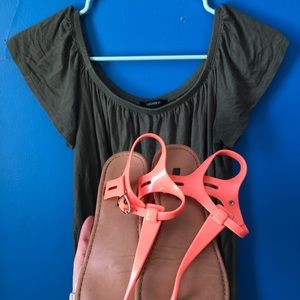 Olive Green T-Shirt Dress w/ Pink Jelly Sandals